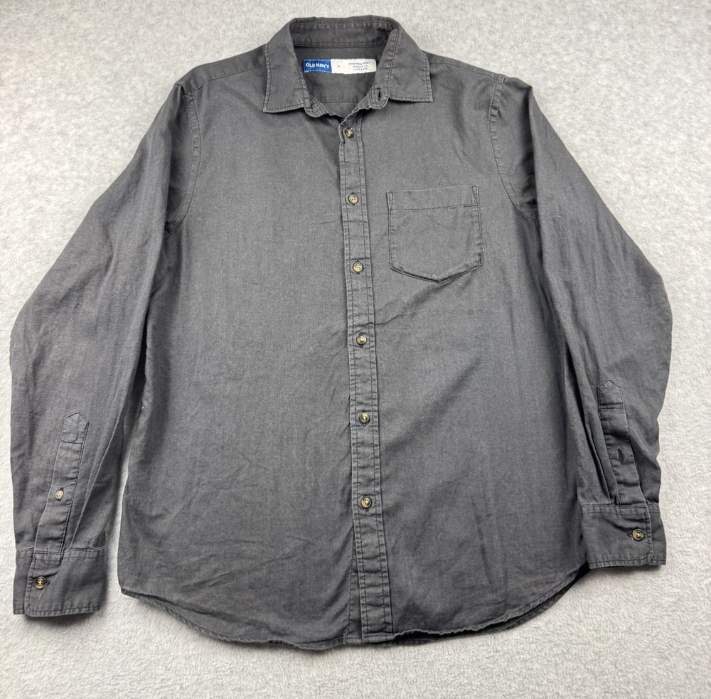 Old Navy Mens Linen Blend Button Up Shirt Black Long Sleeve Casual Regular Fit S